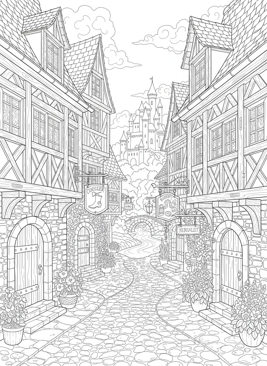 Coloriage adulte expert rue médiévale tours gothiques gargouilles architecture PDF